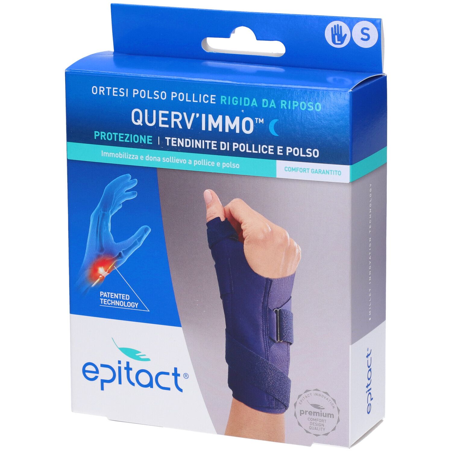Ortesi Epitact polso-pollice in confezione. Blu, taglia S. Scritte: QUERV'IMMO, Epitact.