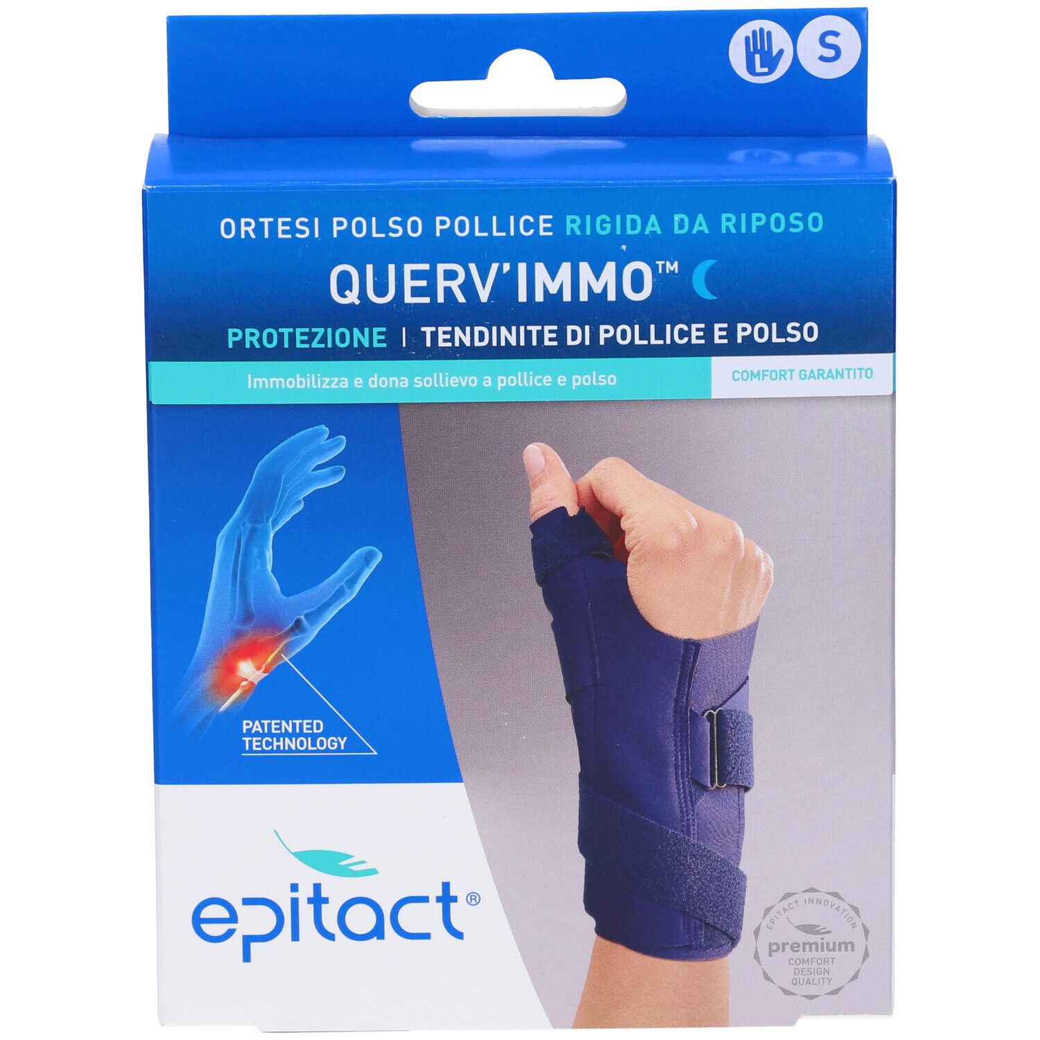 Ortesi Epitact polso-pollice in confezione. Blu, taglia S. Scritte: QUERV'IMMO, Epitact.