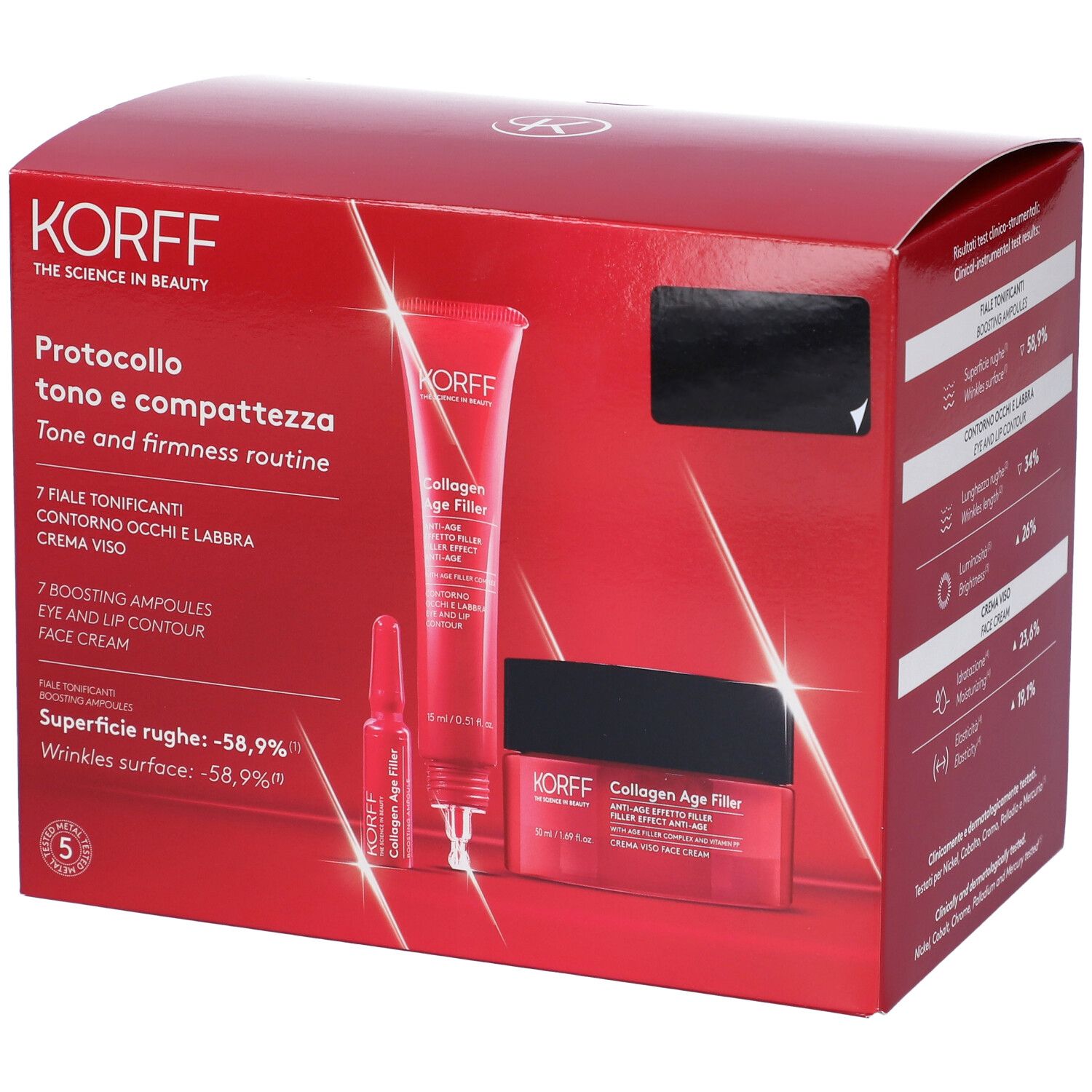 Confezione rossa KORFF con prodotti cosmetici. Contiene fiale, contorno occhi e labbra, crema viso. Marchio visibile.