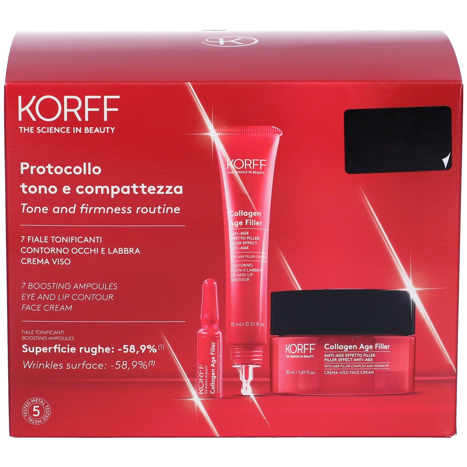 Confezione rossa KORFF con prodotti cosmetici. Contiene fiale, contorno occhi e labbra, crema viso. Marchio visibile.