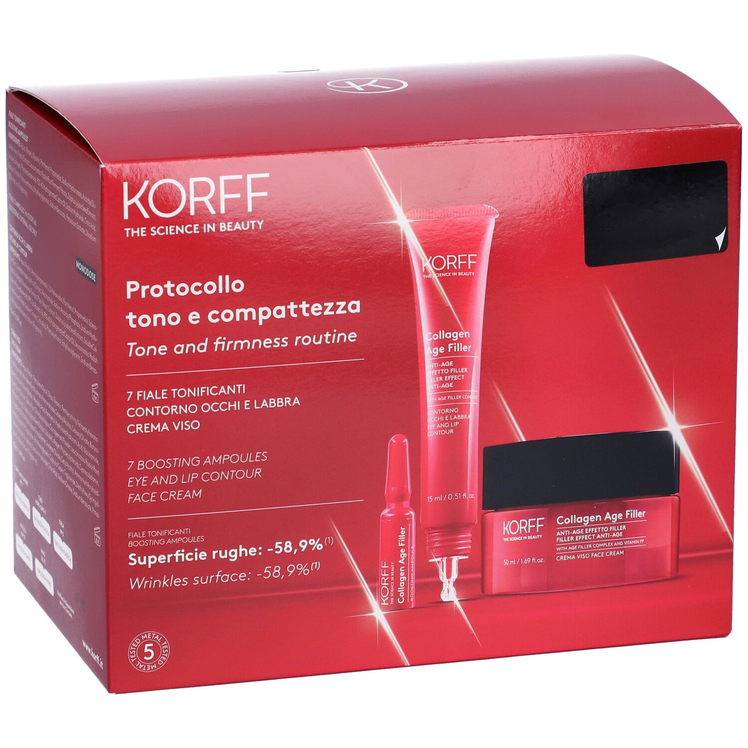 Confezione rossa KORFF con prodotti cosmetici. Contiene fiale, contorno occhi e labbra, crema viso. Marchio visibile.