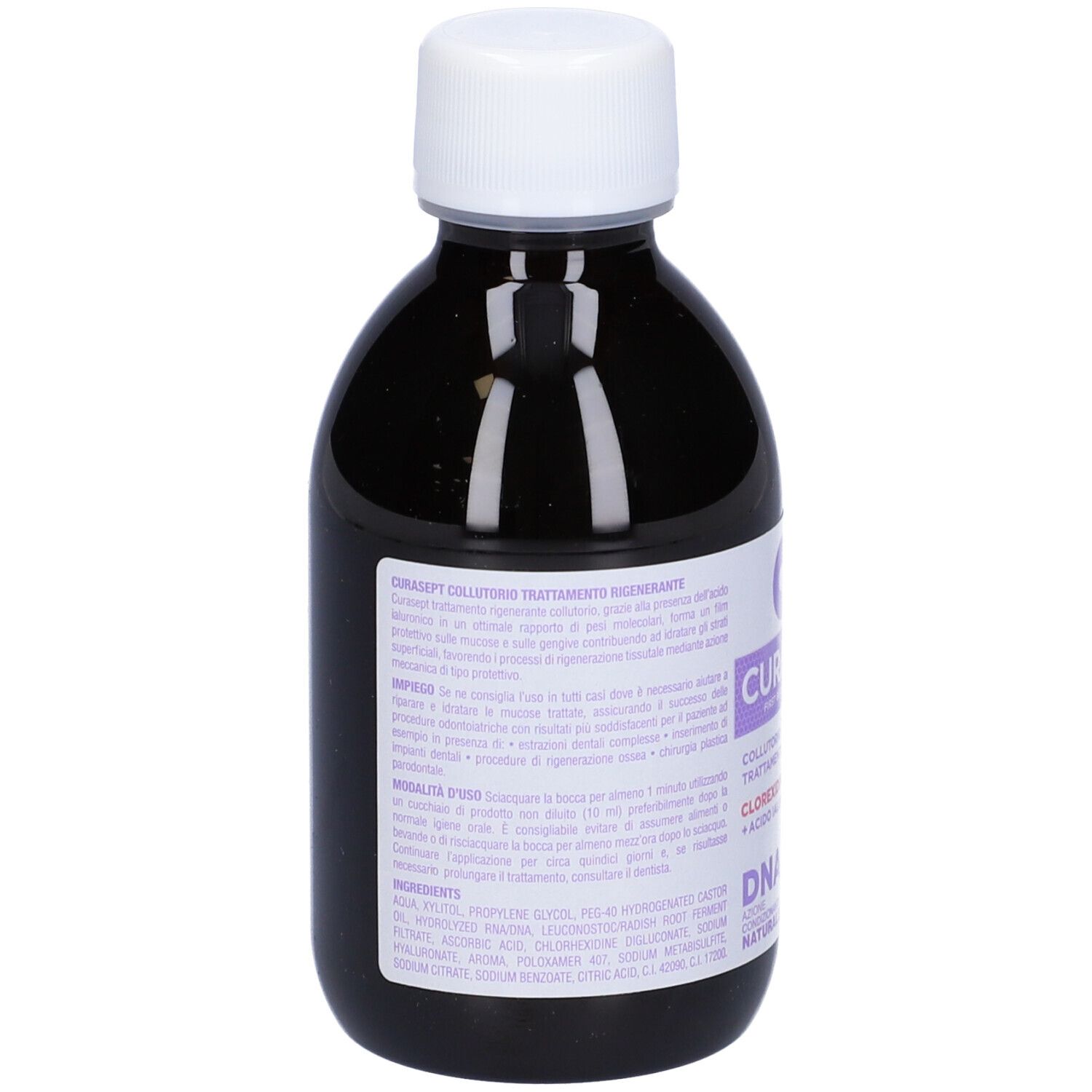 Dunkle Glasflasche mit weißem Schraubverschluss, gefüllt mit violetter Flüssigkeit. Etikett mit Produktinformationen.