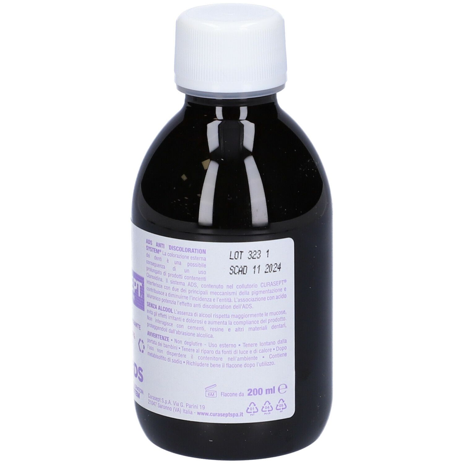 Dunkle Flüssigkeit in einer Glasflasche mit weißem Schraubverschluss. Etikett mit Produktinformationen und 200 ml Angabe.
