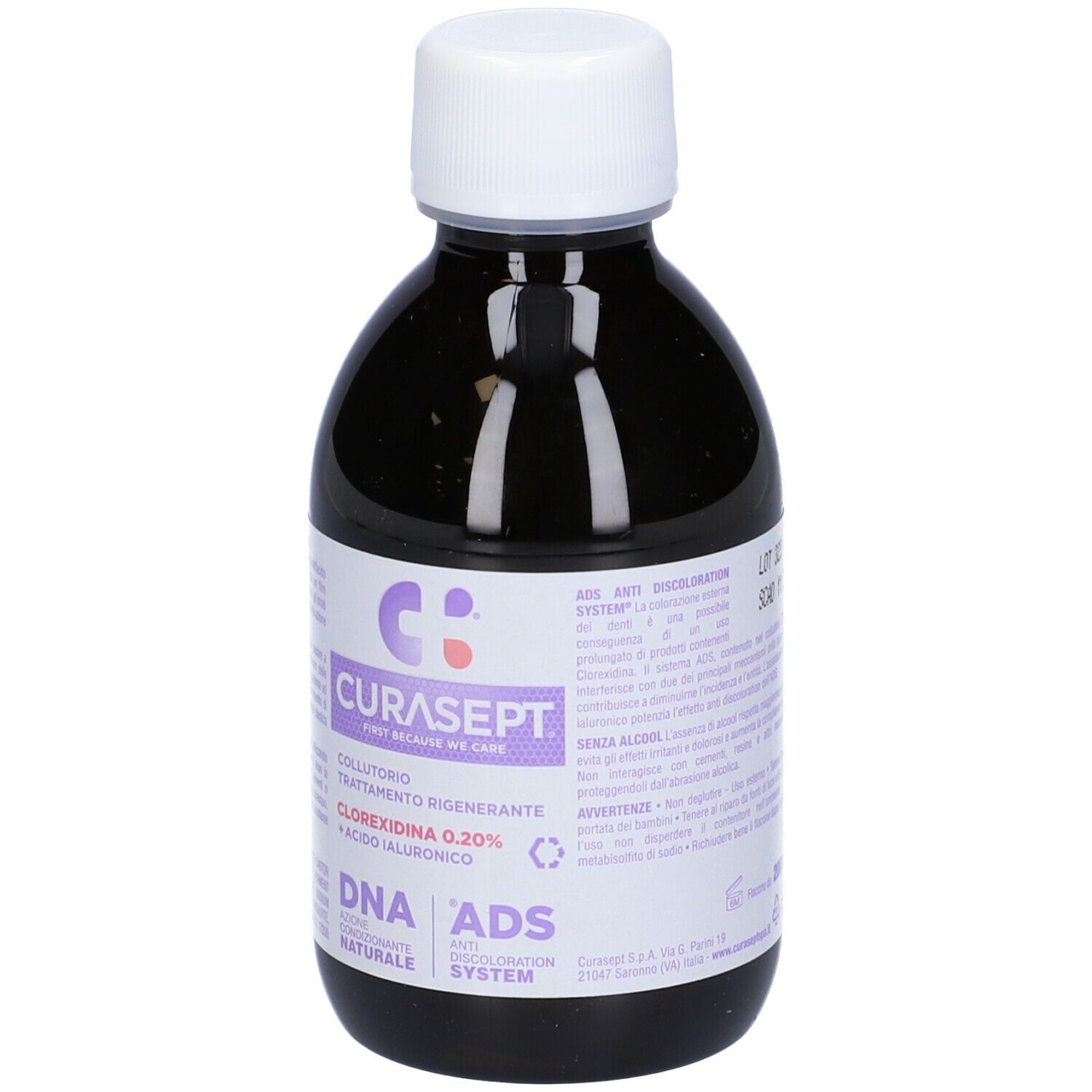 Dunkle Flüssigkeit in einer durchsichtigen Flasche mit weißem Verschluss. Etikett mit 'CURASEPT' und 'CHLOREXIDINA 0.20%' Angabe.