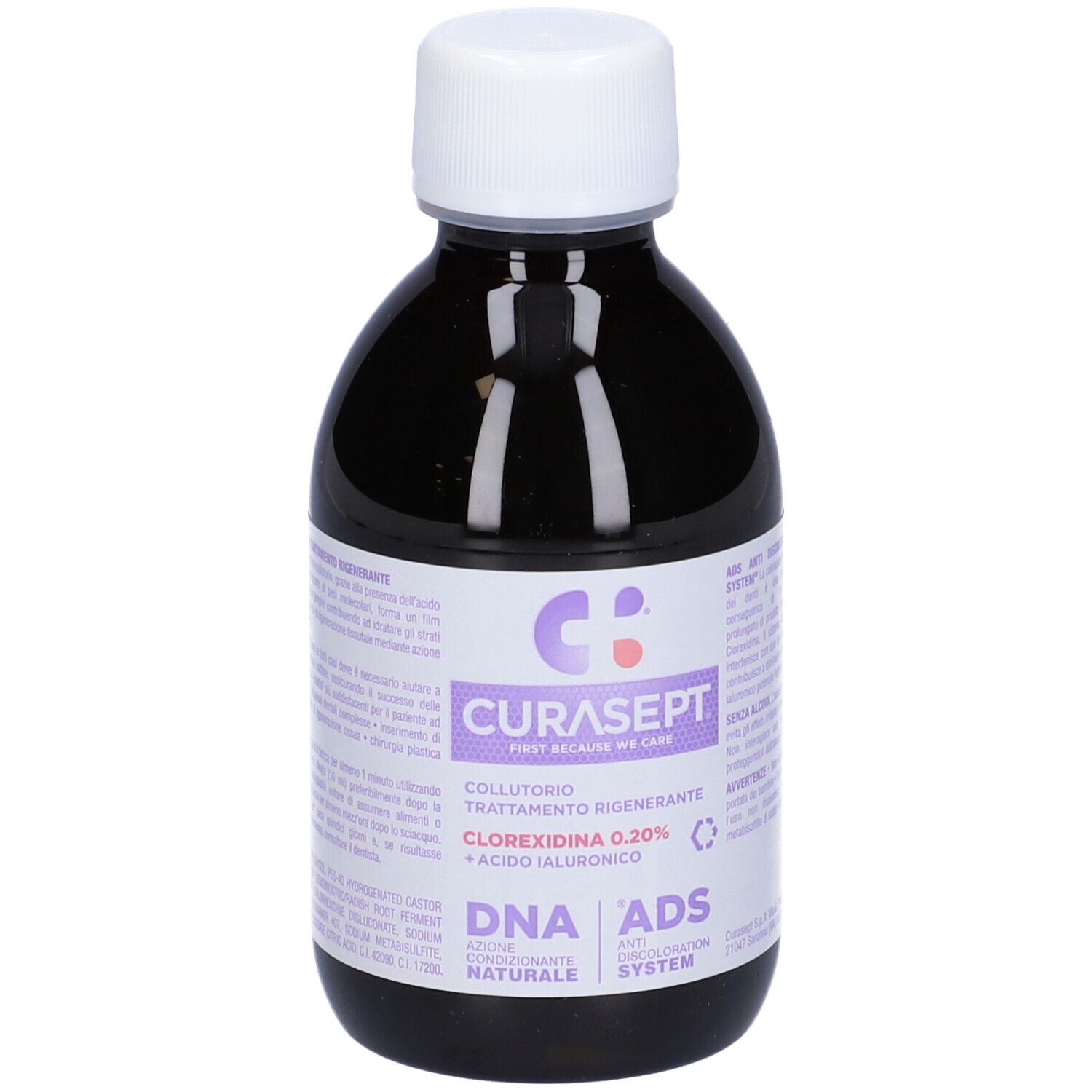 Dunkle Flüssigkeit in einer Flasche mit weißem Verschluss. Etikett zeigt CURASEPT, CLOREXIDINA 0,20% und ACIDO IALURONICO.