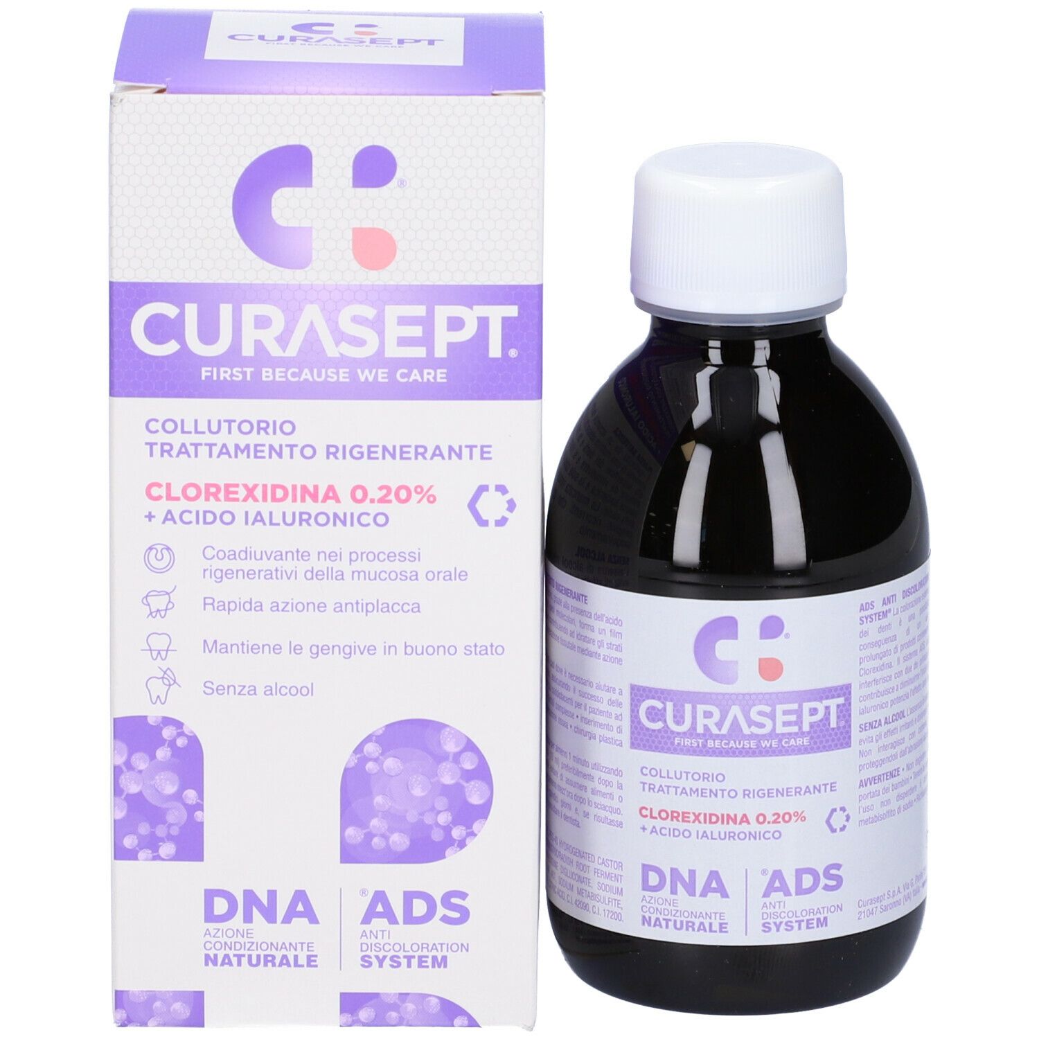 Curasept Mundspülung mit Chlorhexidin 0,20% und Hyaluronsäure in dunkler Flasche mit Kartonverpackung.