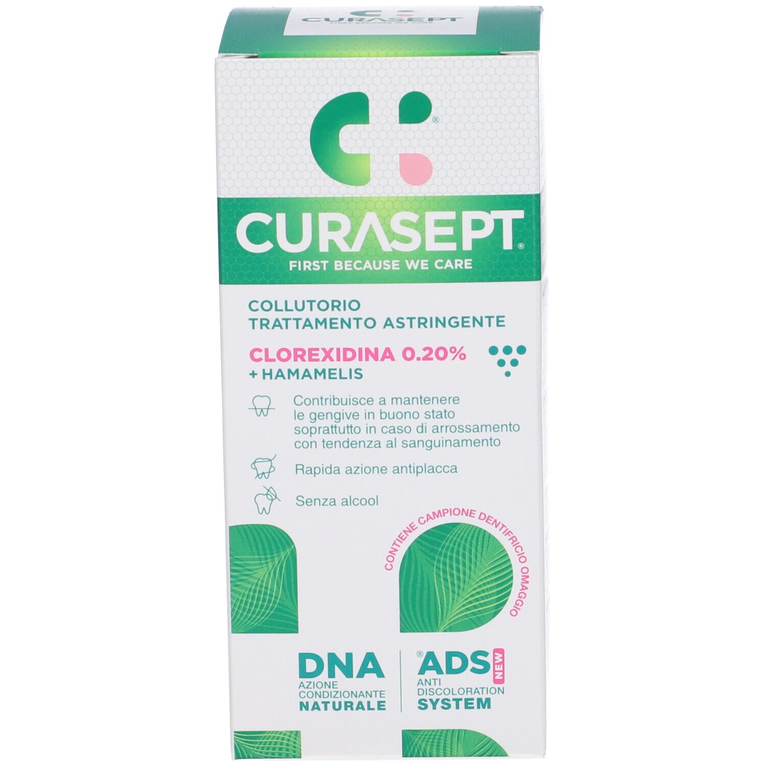 Scatola di Curasept Collutorio Trattamento Astringente. Confezione verde e bianca con informazioni.
