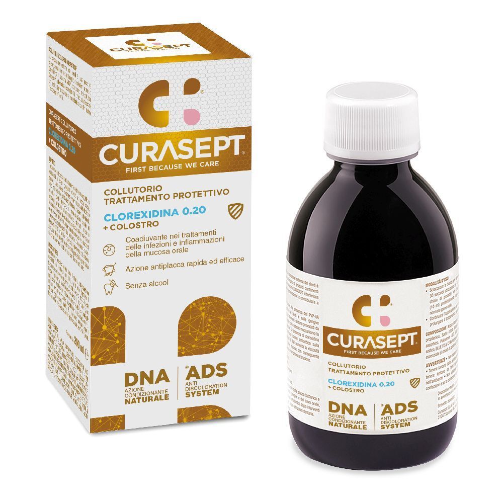 Flacone e scatola marroni. Scritta CURASEPT, Collutorio Trattamento Protettivo, Clorexidina 0.20 + Colostro.