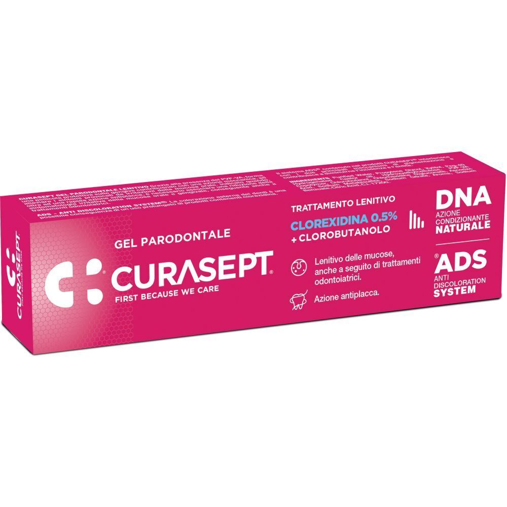 Confezione rosa con nome del prodotto e ingredienti. Testo: Gel Parodontale, Clorexidina 0,5%.