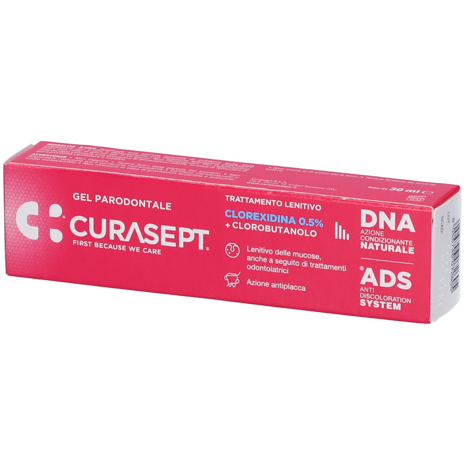 Scatola rosa con nome del prodotto e ingredienti. Testo: Gel Parodontale, Clorexidina 0,5%.