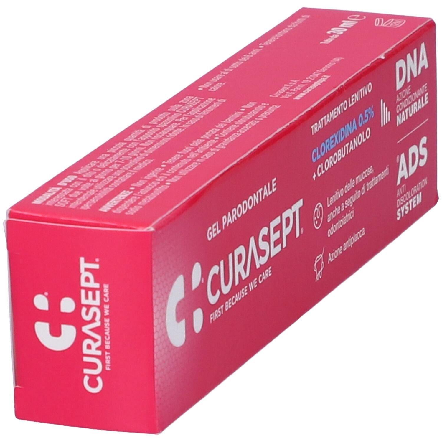 Confezione rosa con nome del prodotto e ingredienti. Testo: Gel Parodontale, Clorexidina 0,5%.