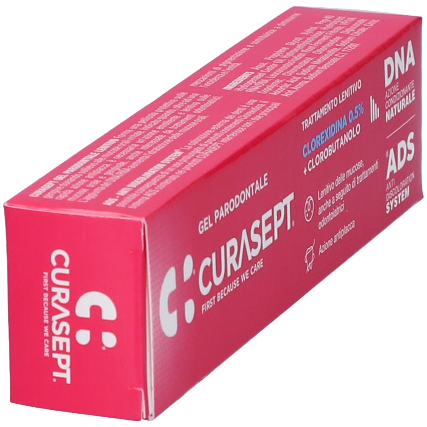Confezione rosa con nome del prodotto e ingredienti. Testo: Gel Parodontale, Clorexidina 0,5%.