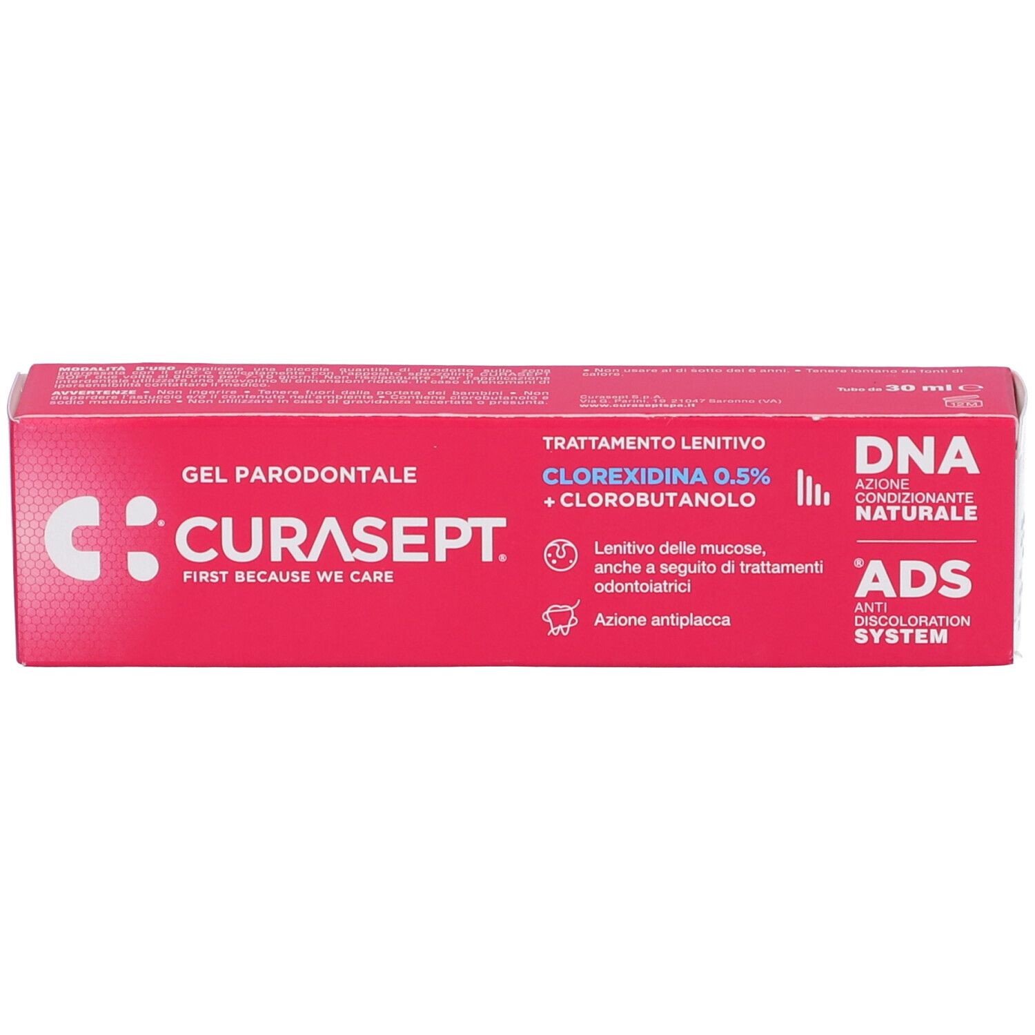 Scatola rosa con nome del prodotto e ingredienti. Testo: Gel Parodontale, Clorexidina 0,5%.