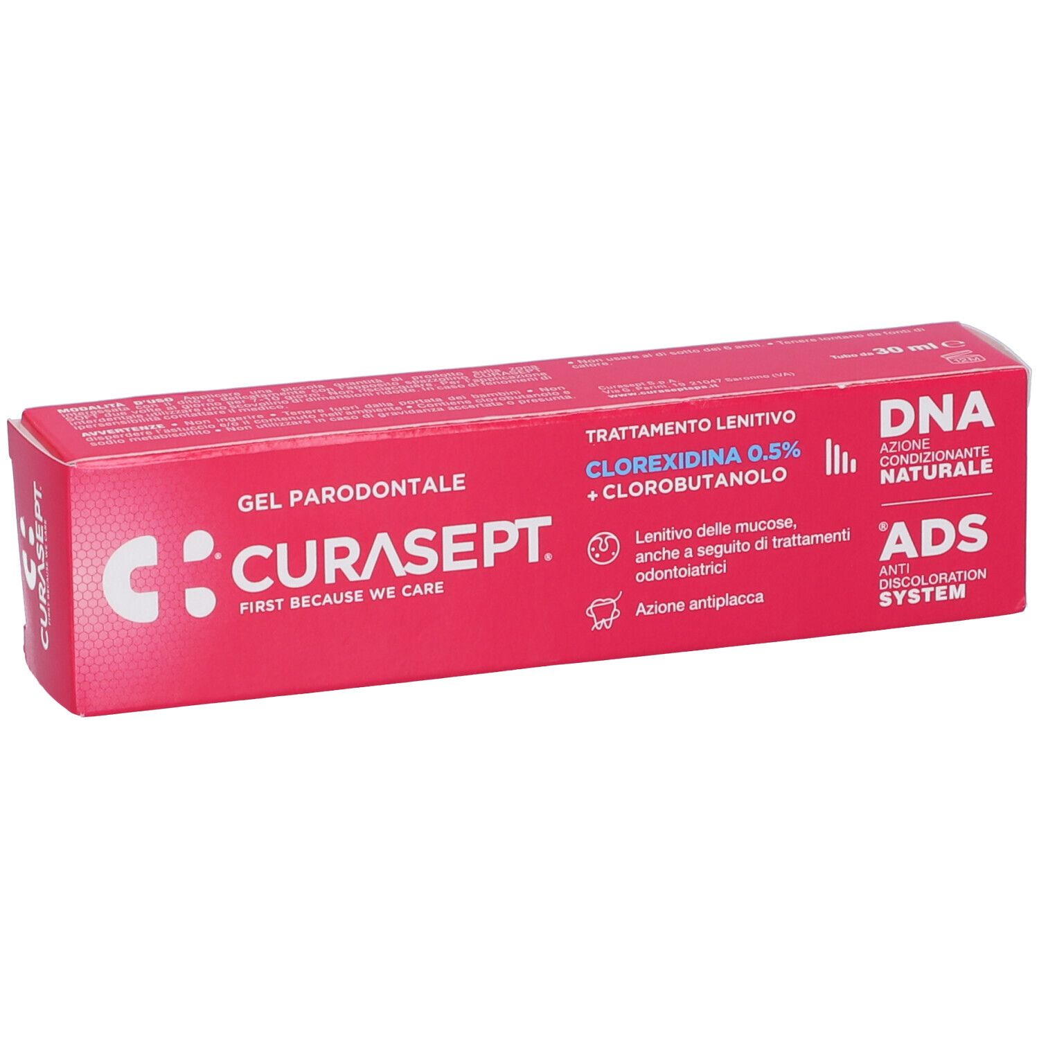 Scatola rosa con nome del prodotto e ingredienti. Testo: Gel Parodontale, Clorexidina 0,5%.