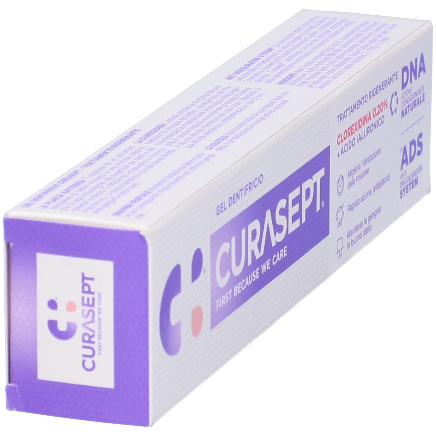 Curasept Gel Dentifricio Zahnpasta-Verpackung mit Clorexidina 0,20% und Hyaluronsäure.