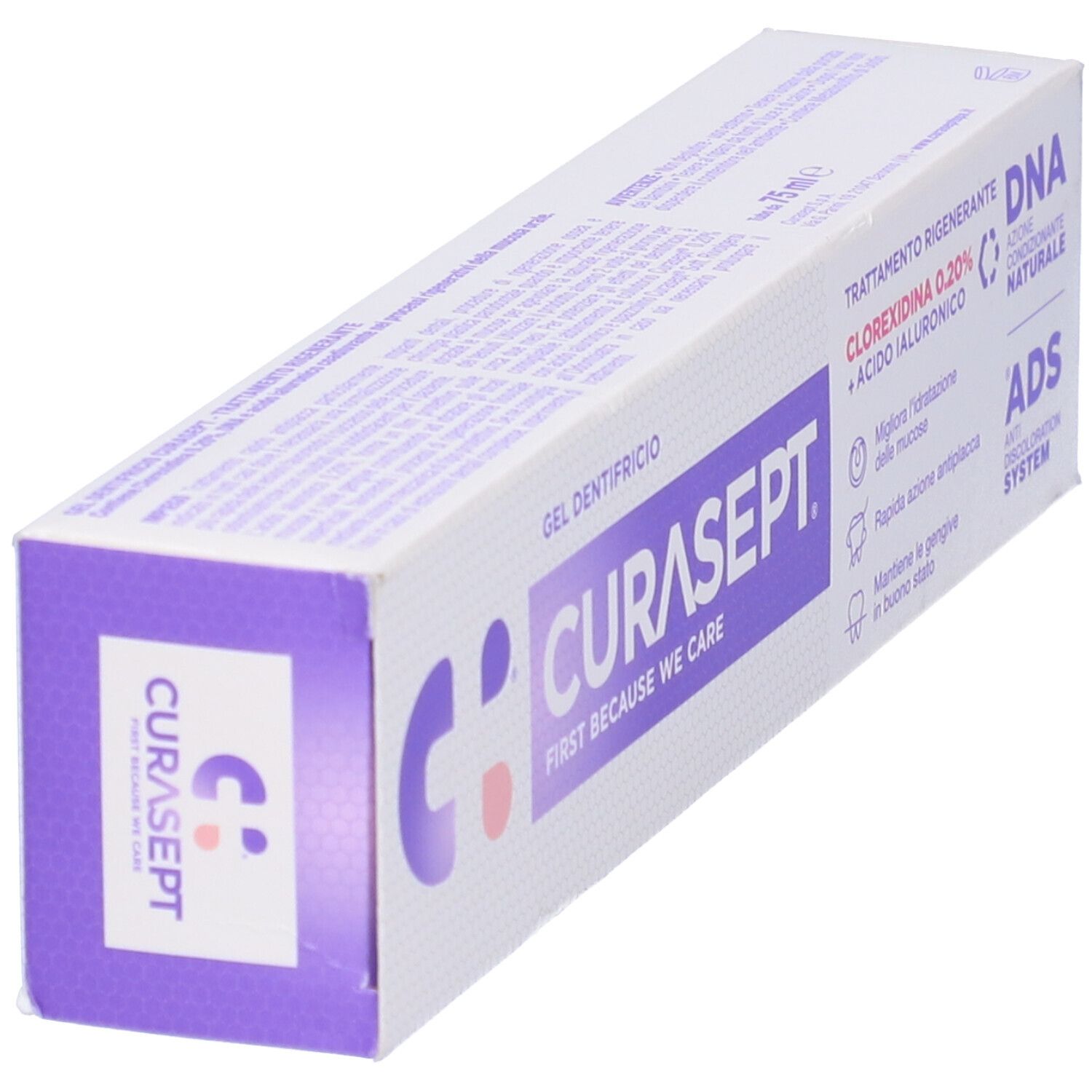 Curasept Gel Dentifricio Zahnpasta-Verpackung mit Clorexidina 0,20% und Hyaluronsäure.