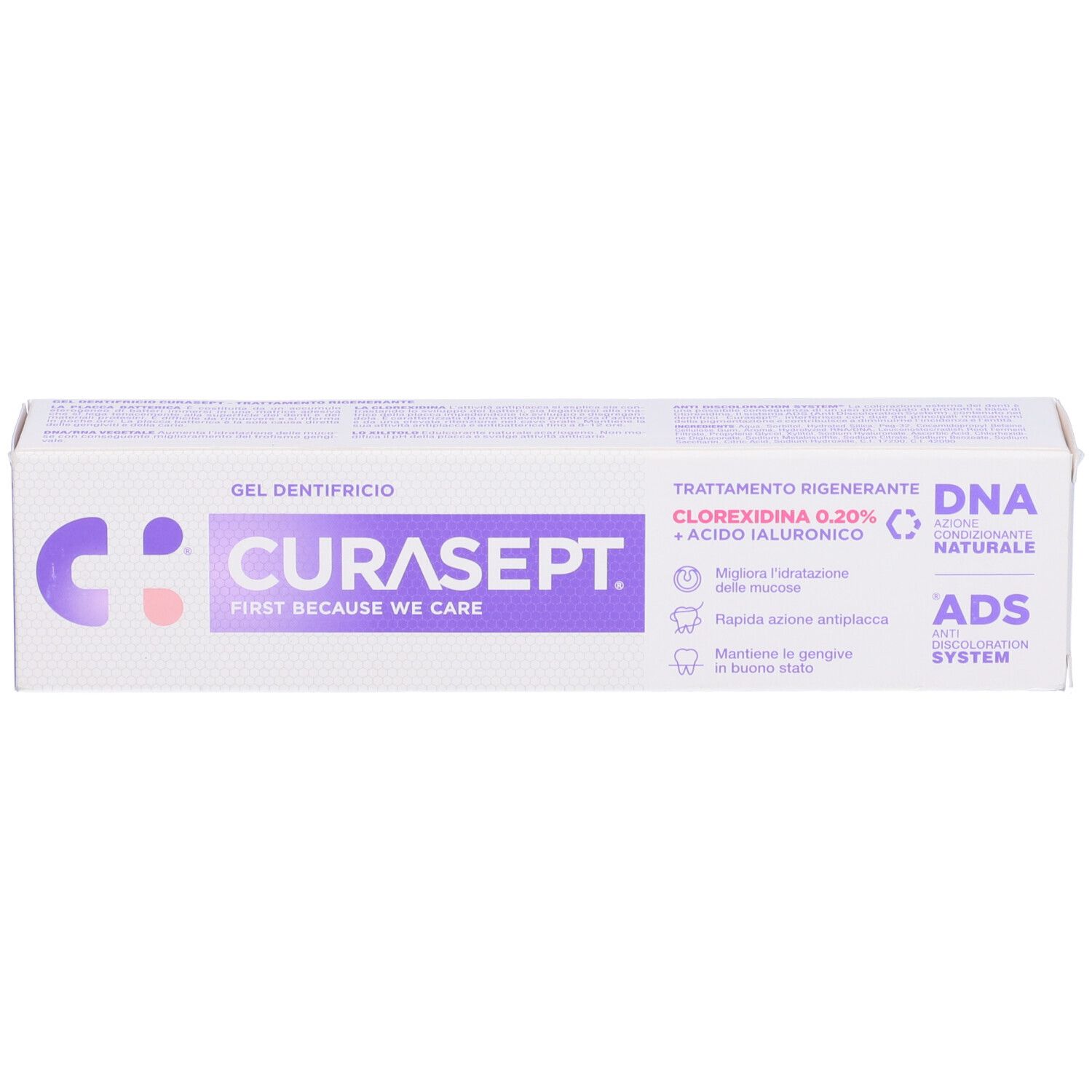 Curasept Zahngel-Verpackung mit Clorexidina 0,20% und Hyaluronsäure.
