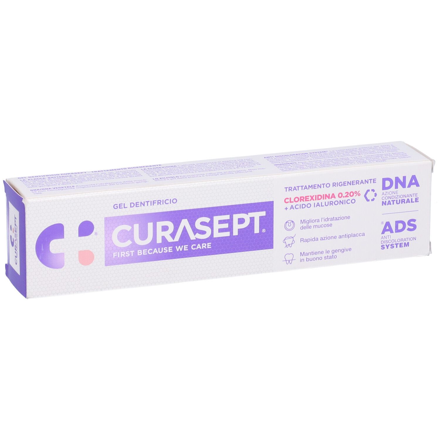 Curasept Zahngel-Verpackung mit Clorexidina 0,20% und Hyaluronsäure.