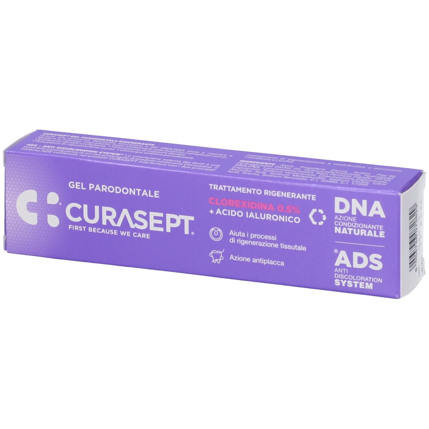 Scatola viola con scritta CURASEPT bianca. Contiene Gel Parodontale. Testo: Clorexidina 0,5% + Acido Ialuronico. Sistema ADS.