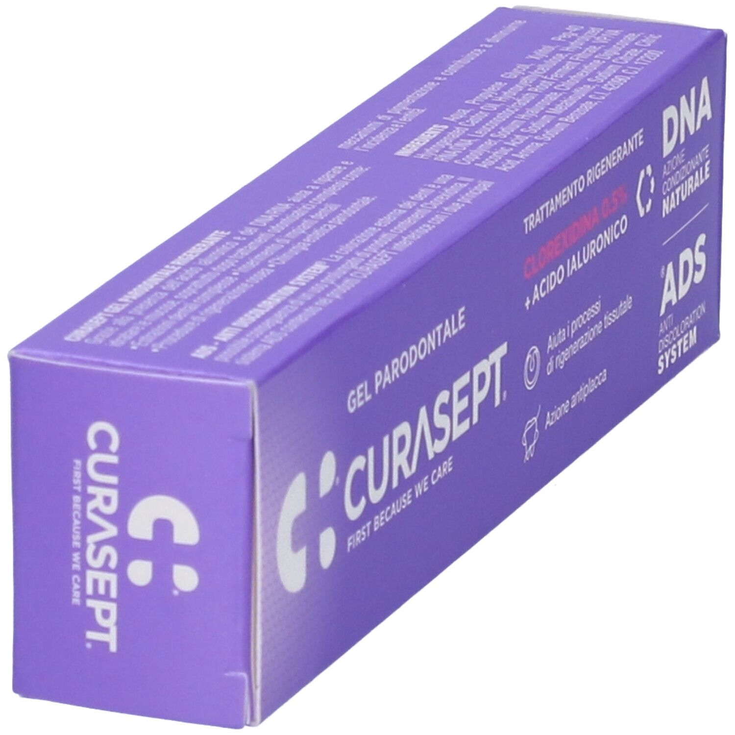 Scatola viola con scritta CURASEPT bianca. Contiene Gel Parodontale. Testo: Clorexidina 0,5% + Acido Ialuronico. Sistema ADS.