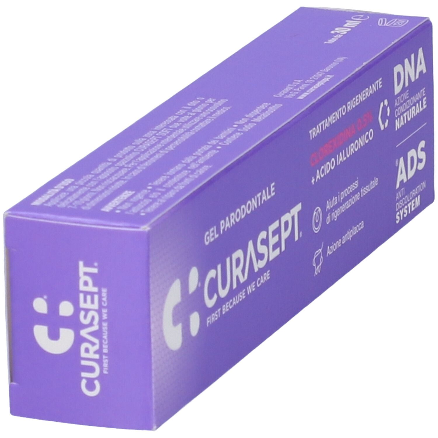 Scatola viola con scritta CURASEPT bianca. Contiene Gel Parodontale. Testo: Clorexidina 0,5% + Acido Ialuronico. Sistema ADS.
