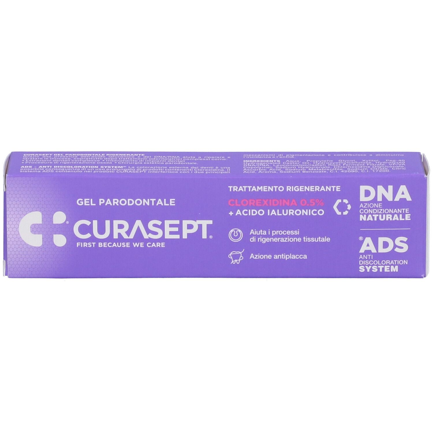 Scatola viola con scritta CURASEPT bianca. Contiene Gel Parodontale. Testo: Clorexidina 0,5% + Acido Ialuronico. Sistema ADS.