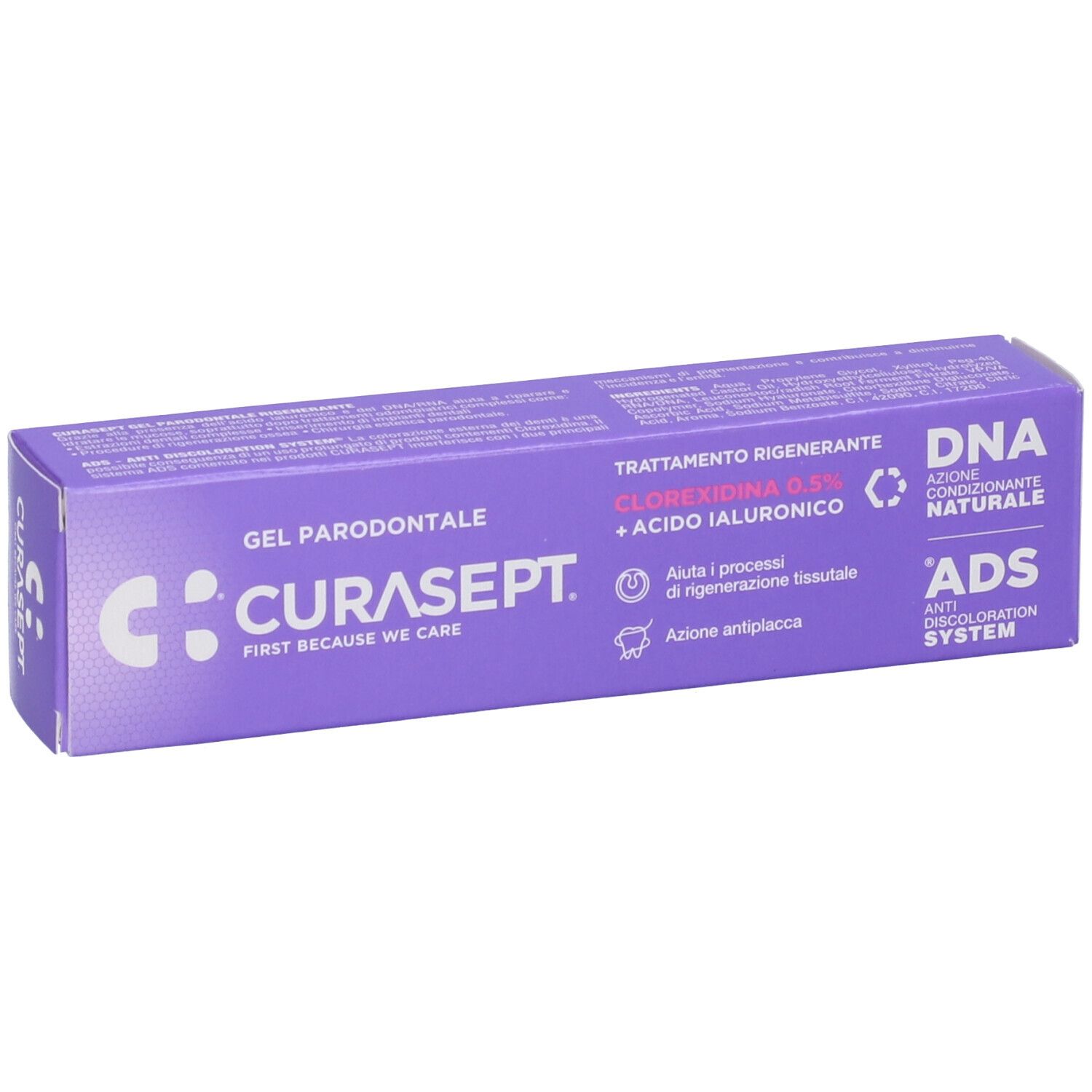 Scatola viola con scritta CURASEPT bianca. Contiene Gel Parodontale. Testo: Clorexidina 0,5% + Acido Ialuronico. Sistema ADS.