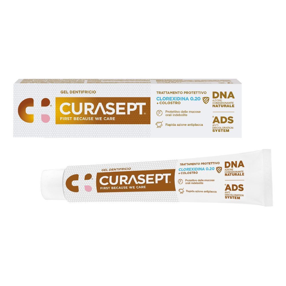 Tubo e confezione di dentifricio. Marchio CURASEPT, bianco-marrone. Testo: Gel dentifricio, Trattamento Protettivo, Clorexidina 0.20%.