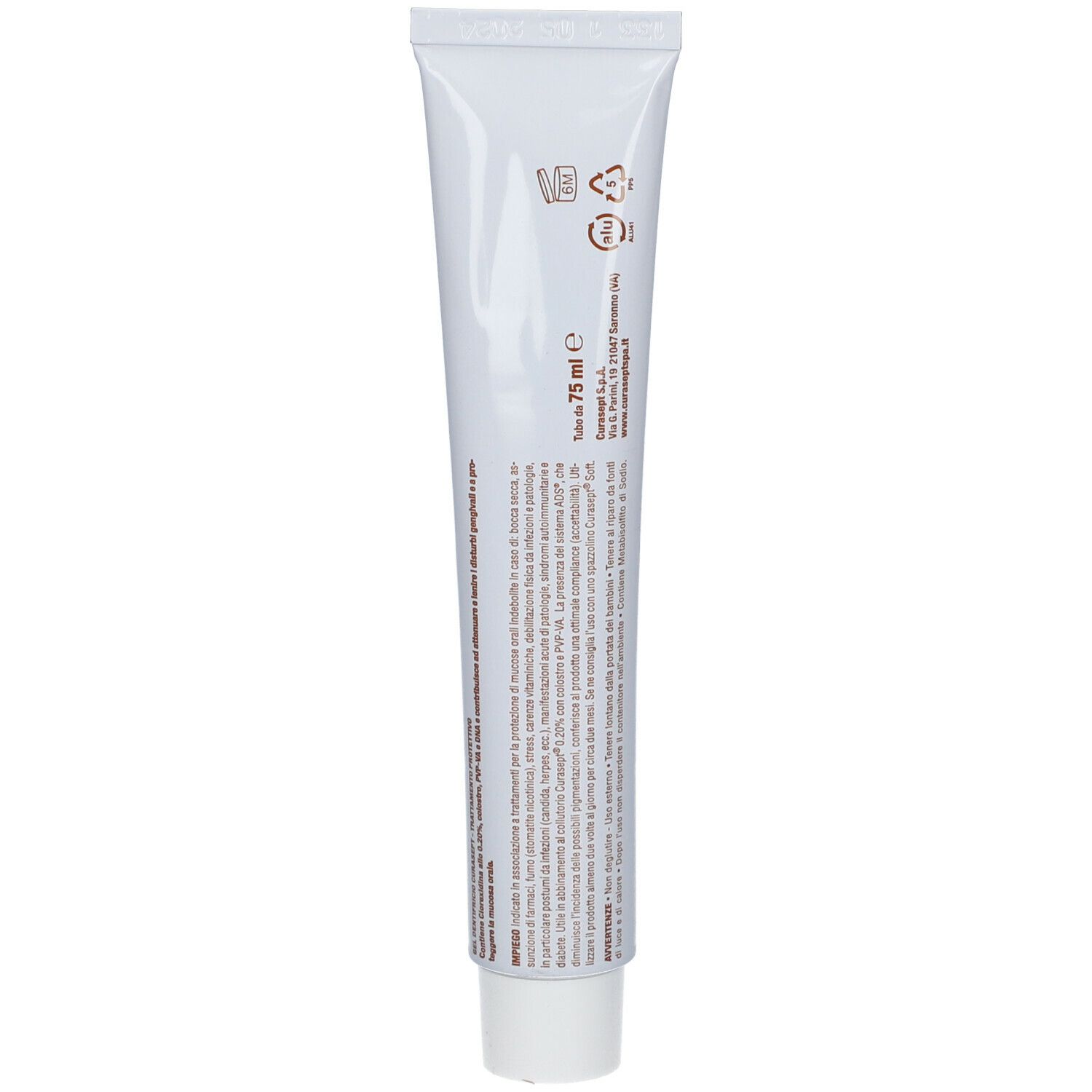 Retro di un tubetto di dentifricio. Testo e simboli. Tubo da 75 ml. Marchio CURASEPT. Informazioni in italiano.