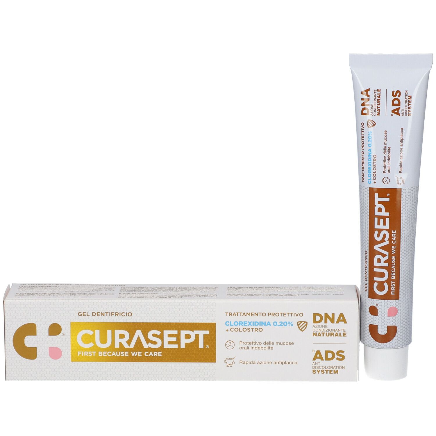 Tubo e confezione di dentifricio. Marchio CURASEPT. Testo: Gel dentifricio, Trattamento Protettivo, Clorexidina 0.20%.