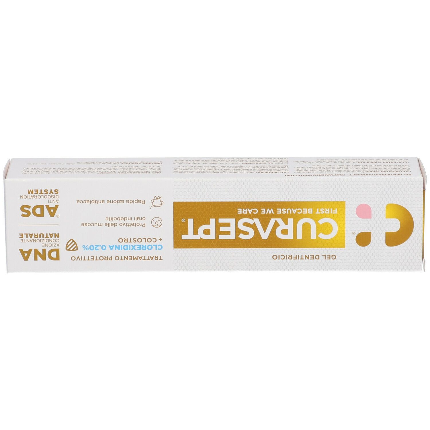 Confezione di dentifricio. Marchio CURASEPT. Testo: Gel dentifricio, Trattamento Protettivo, Clorexidina 0.20%.
