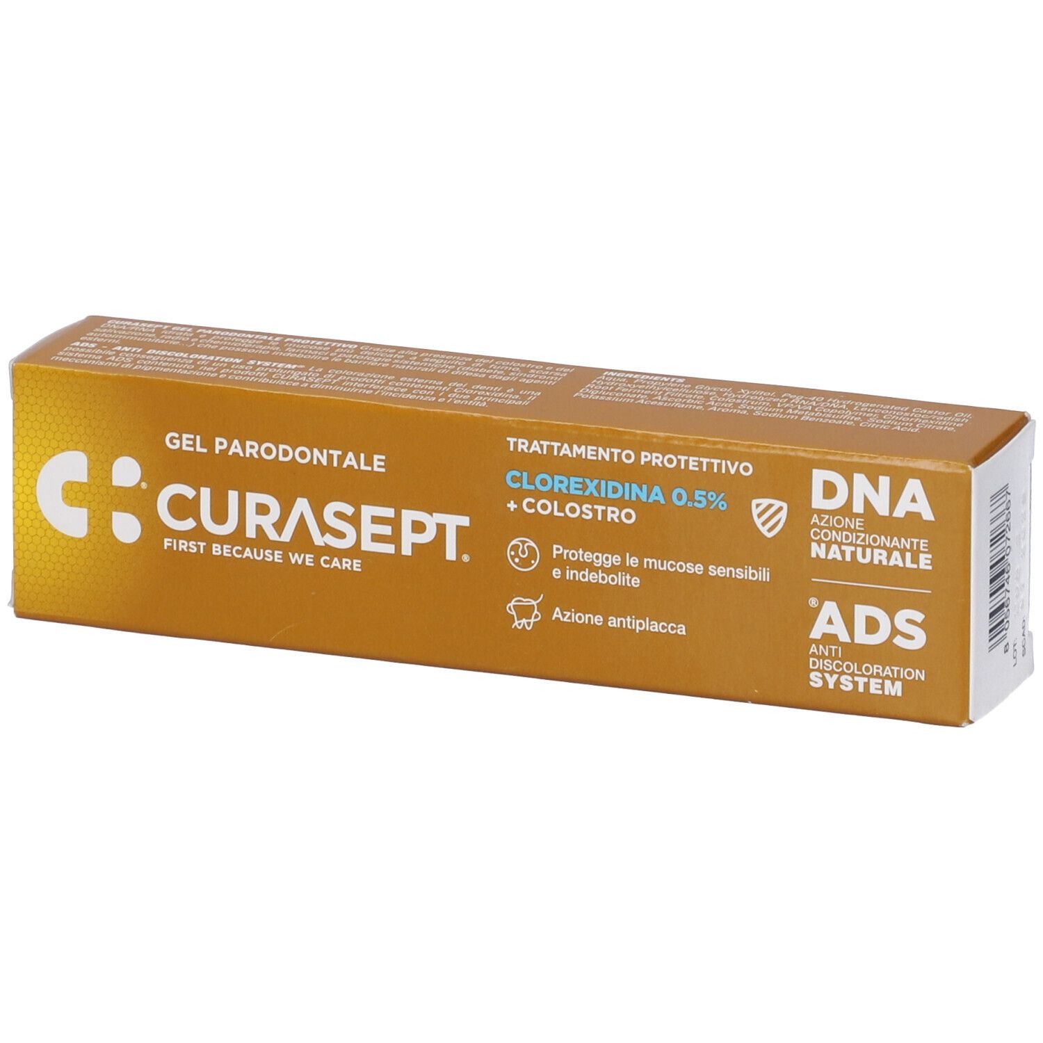 Scatola dorata con informazioni sul prodotto. Scritto: CURASEPT, Gel Parodontale, Clorexidina 0,5% + Colostro.