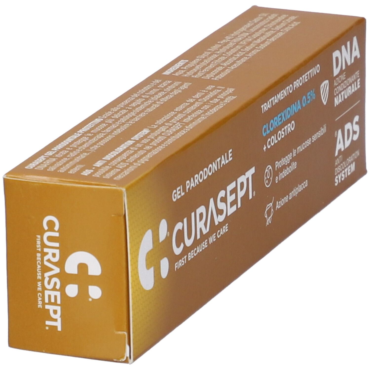 Scatola dorata inclinata. Scritto: CURASEPT, Gel Parodontale, Clorexidina 0,5% + Colostro. Logo.