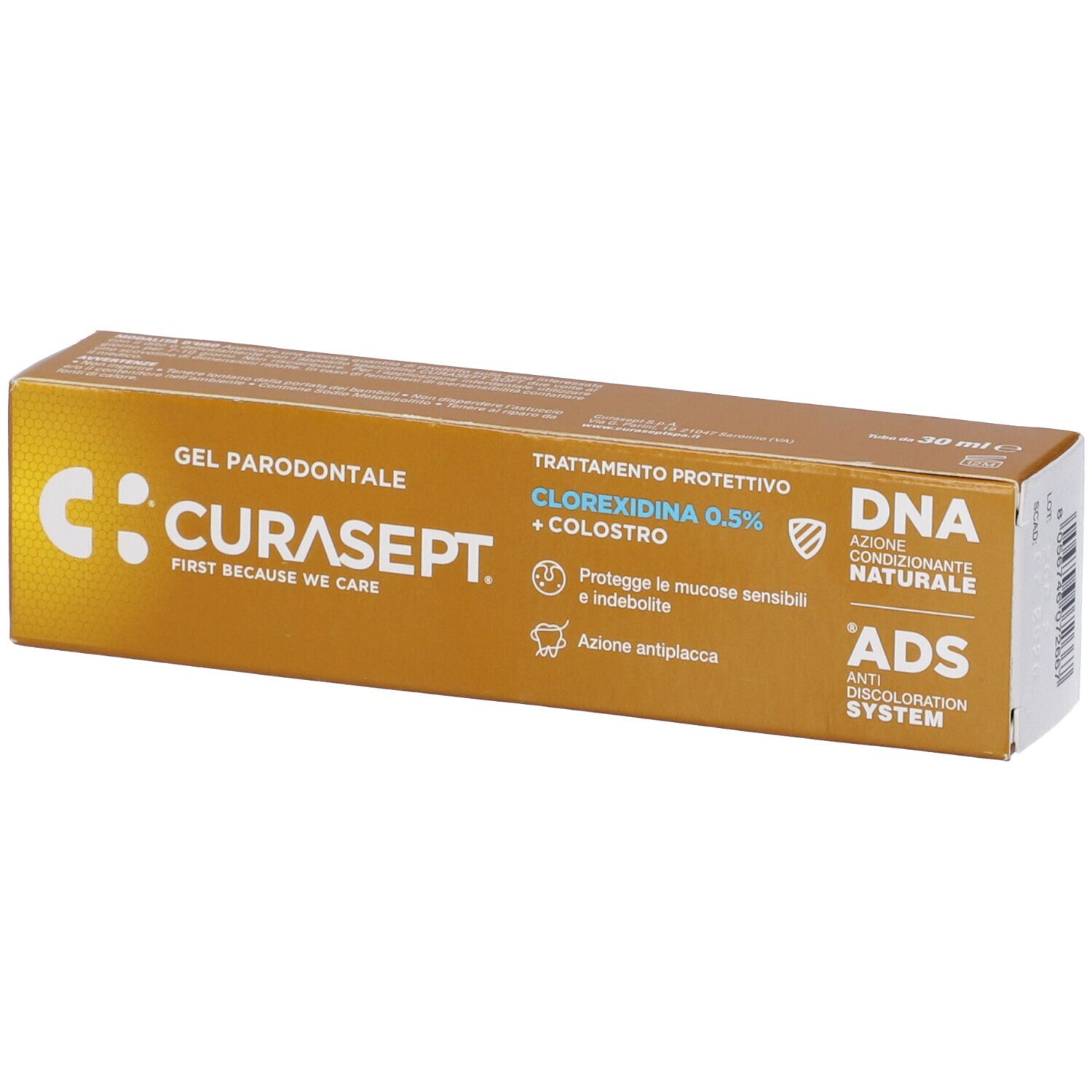 Scatola dorata con informazioni sul prodotto. Scritto: CURASEPT, Gel Parodontale, Clorexidina 0,5% + Colostro. 30 ml.