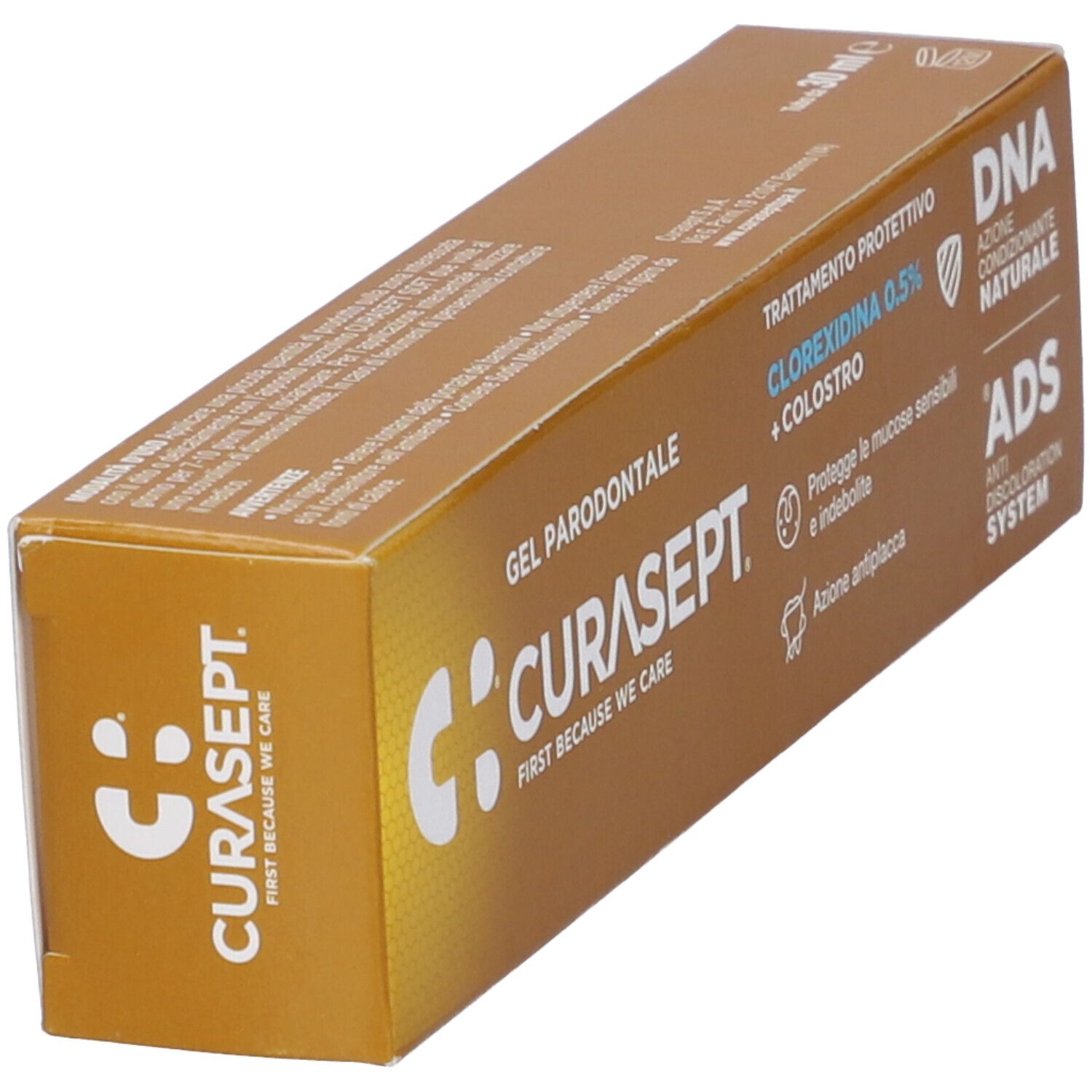 Scatola dorata inclinata. Scritto: CURASEPT, Gel Parodontale, Clorexidina 0,5% + Colostro. 30 ml.