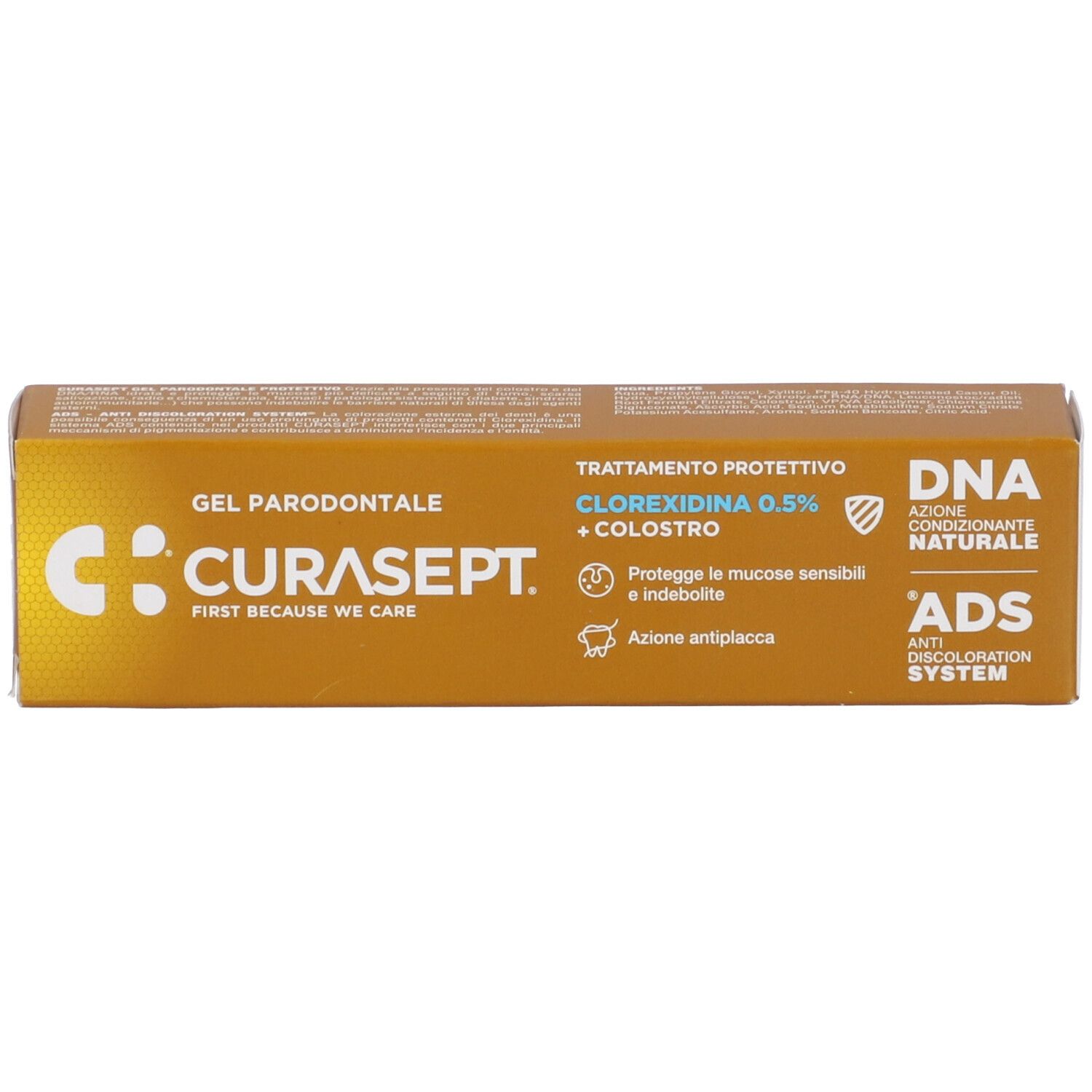 Scatola dorata con informazioni sul prodotto. Scritto: CURASEPT, Gel Parodontale, Clorexidina 0,5% + Colostro. Logo.