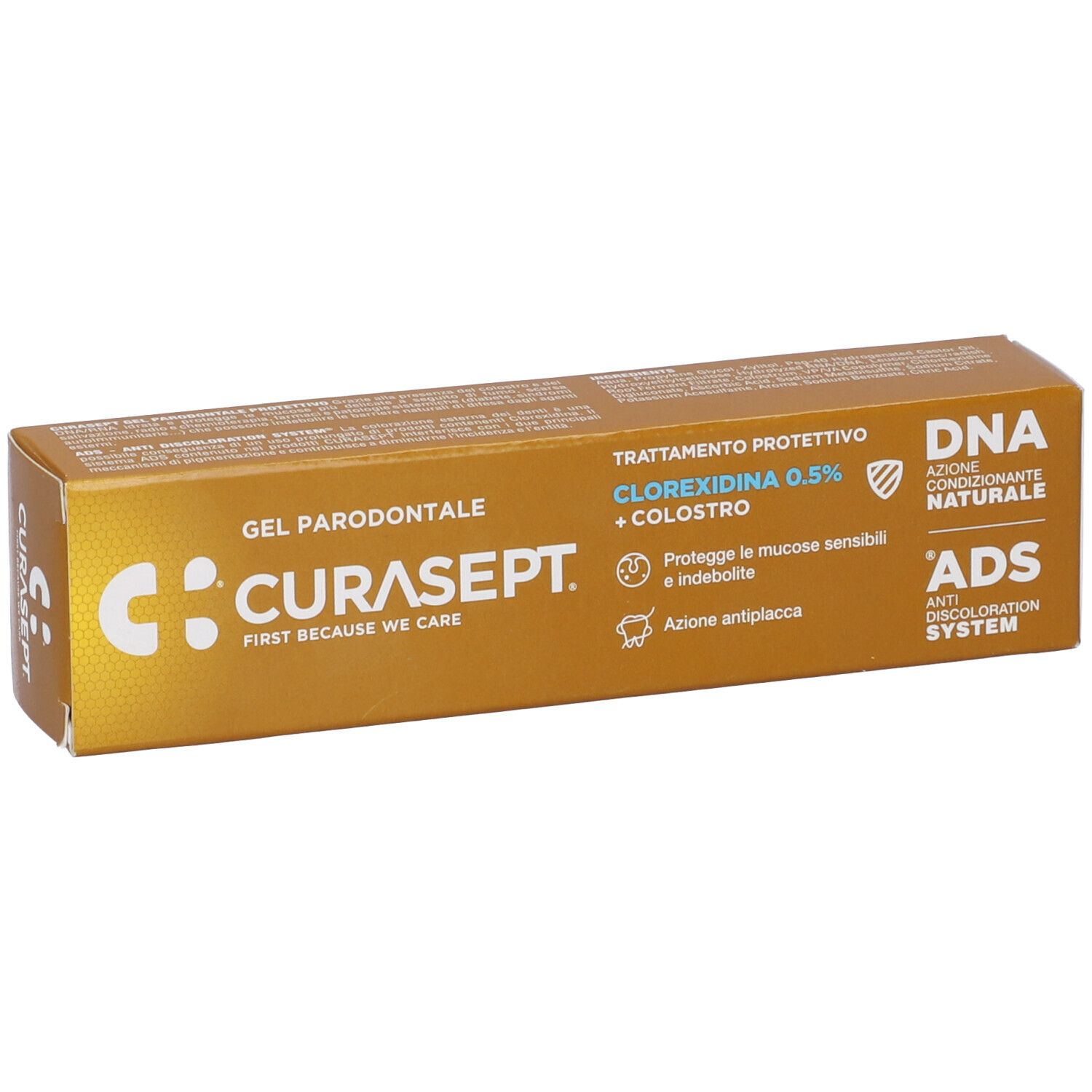 Scatola dorata inclinata. Scritto: CURASEPT, Gel Parodontale, Clorexidina 0,5% + Colostro. Logo.