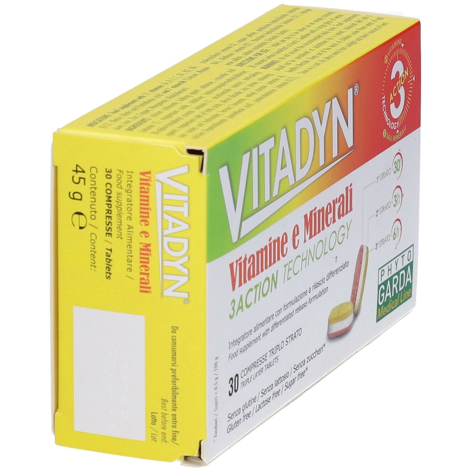 Gelbe Schachtel mit VITADYN 'Vitamine e Minerali'. 30 Tabletten. Inhaltsangaben und Nährwerttabelle auf der Seite. 45 g.