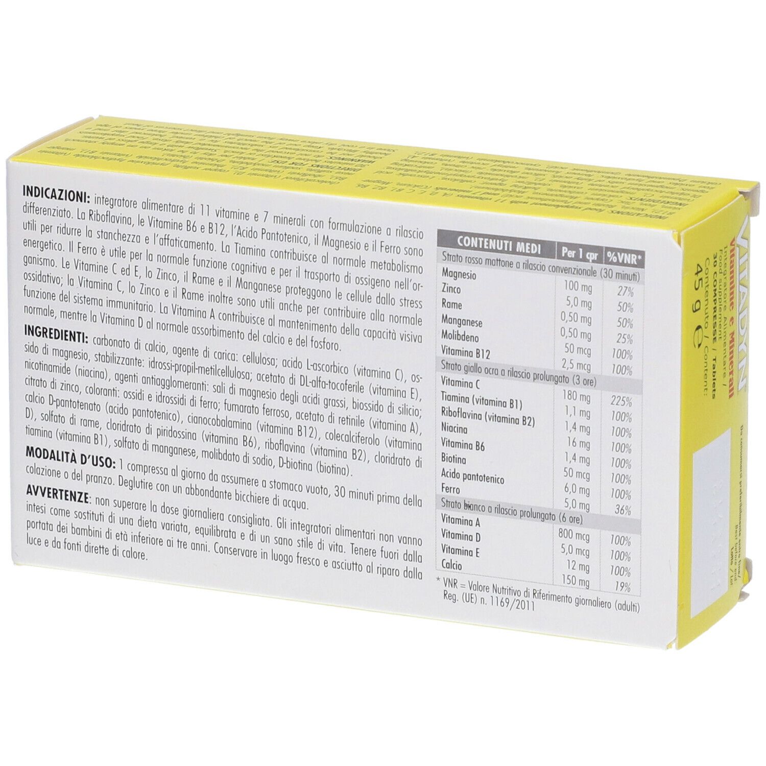 Rückseite der gelben VITADYN-Schachtel. Enthält Inhaltsstoffe, Anwendungshinweise und Nährwerttabelle. 45 g.