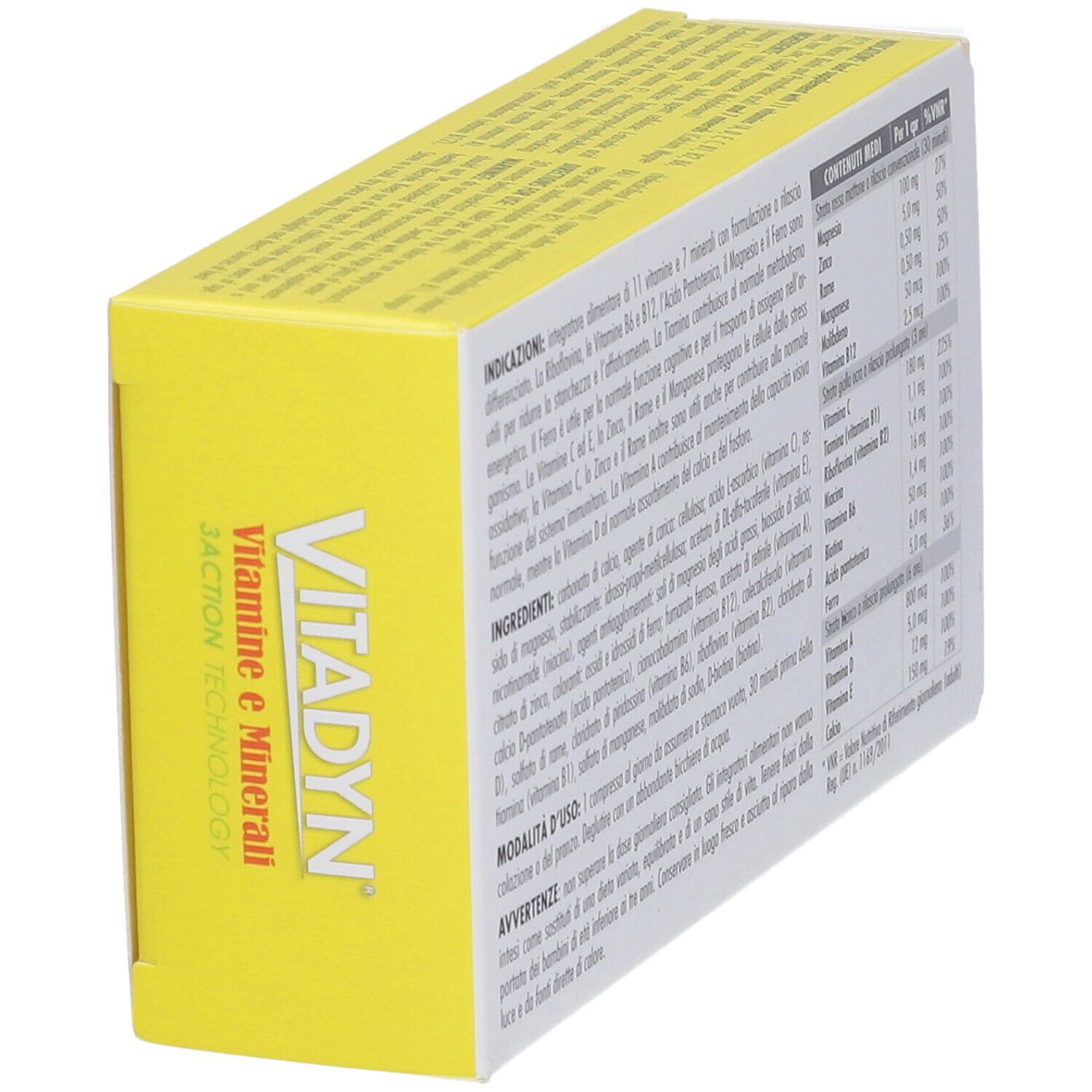 Gelbe Schachtel mit VITADYN 'Vitamine e Minerali'. Inhaltsangaben und Nährwerttabelle auf der Seite. 45 g.