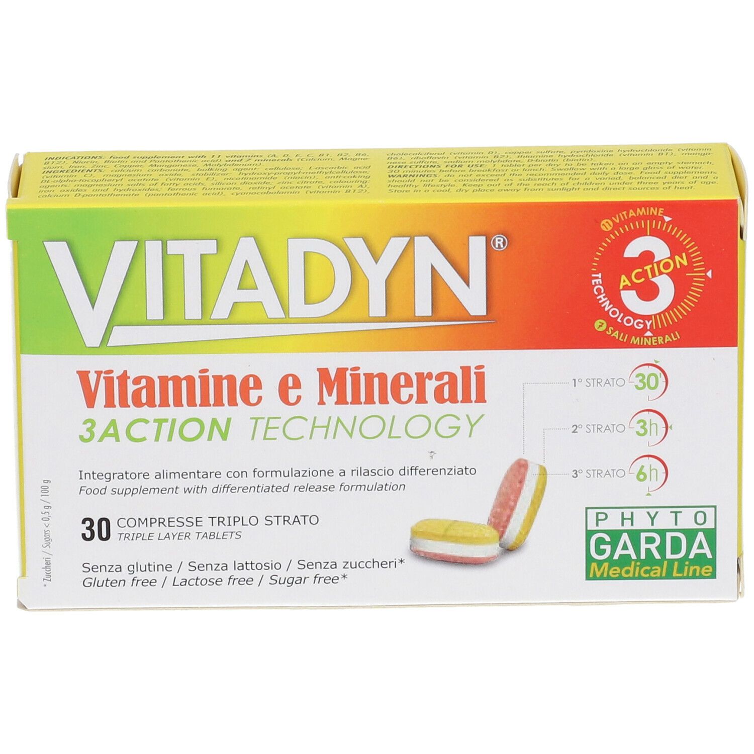 Gelbe Schachtel mit VITADYN-Logo und Aufschrift 'Vitamine e Minerali'. 30 Tabletten, dreifach beschichtet. Phyto Garda Medical Line.