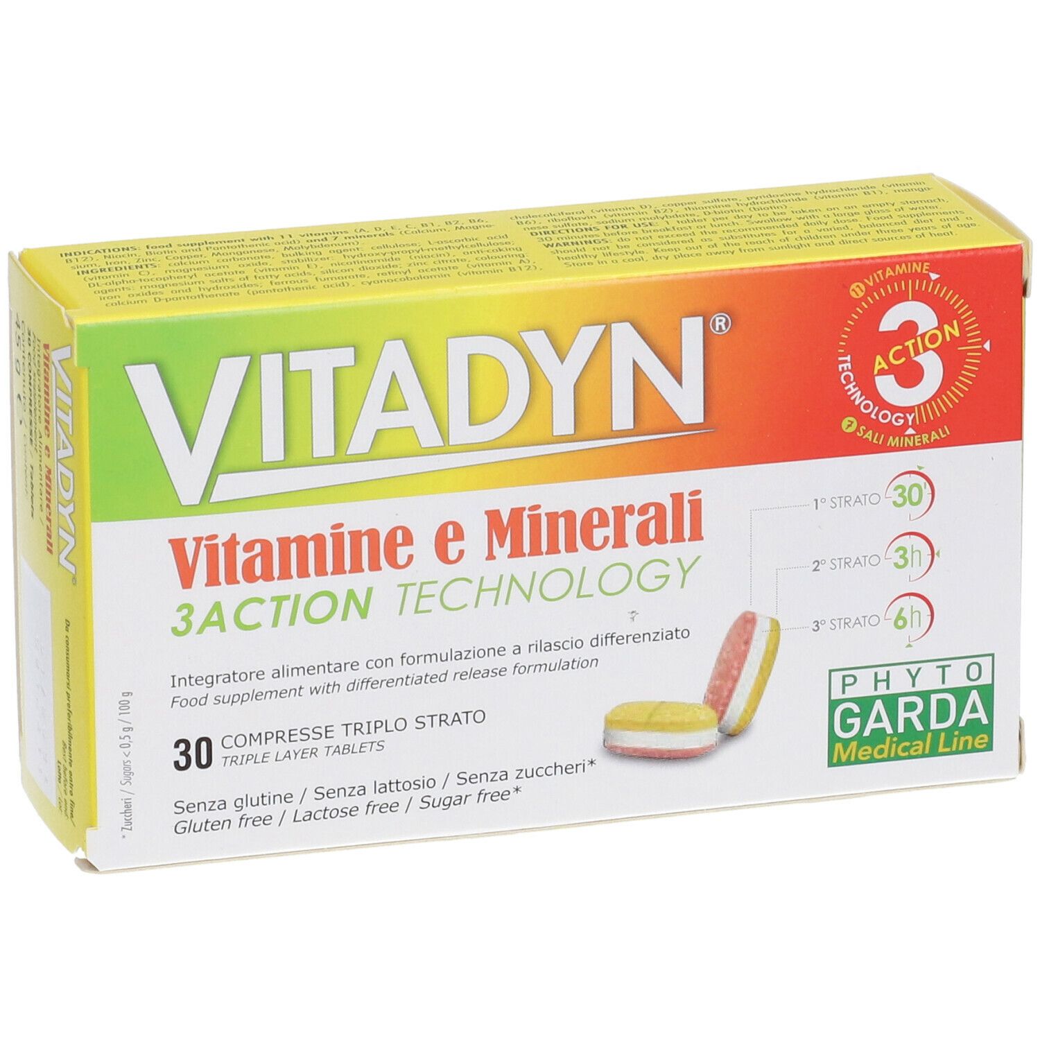 Gelbe Schachtel mit VITADYN-Logo und Aufschrift 'Vitamine e Minerali'. 30 Tabletten, dreifach beschichtet. Phyto Garda Medical Line.