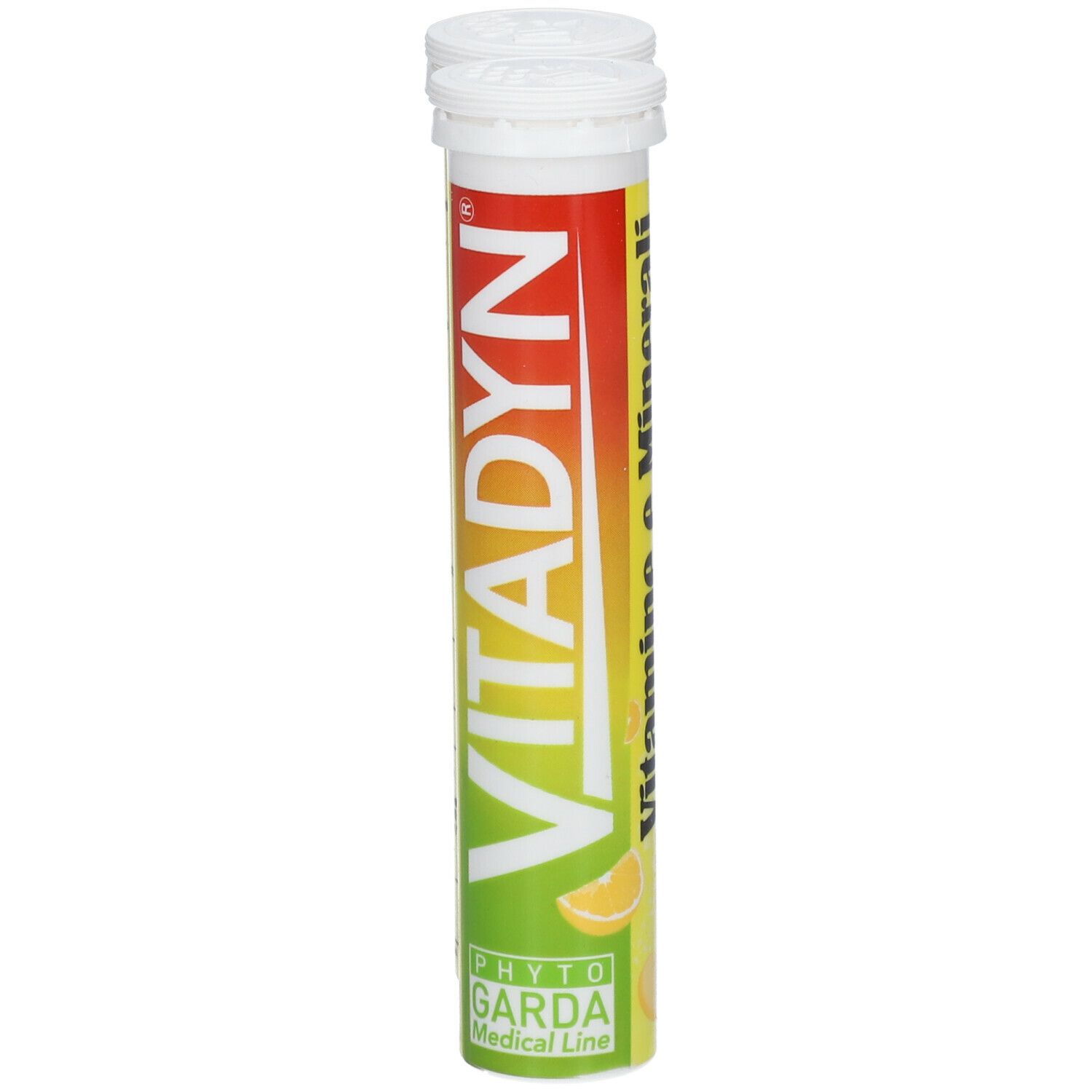 Eine Tube mit gelb-roter Beschriftung. Aufschrift: VITADYN. Vitamine e Minerali. 20 Brausetabletten. Orangen-Geschmack.