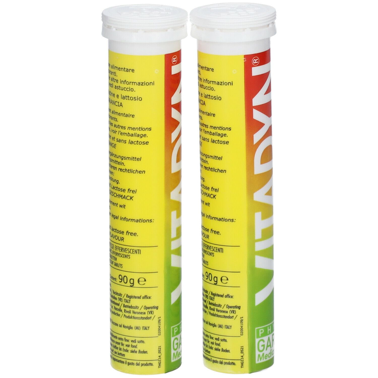 Zwei Tuben mit gelb-roter Beschriftung. Aufschrift: Vitamine e Minerali. 20 Brausetabletten. Orangen-Geschmack. 90g.