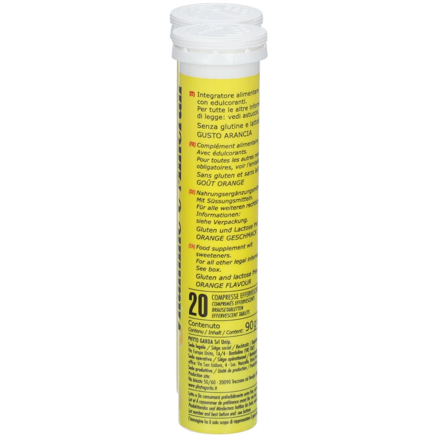 Eine Tube mit gelb-roter Beschriftung. Aufschrift: Vitamine e Minerali. 20 Brausetabletten. Orangen-Geschmack. 90g.