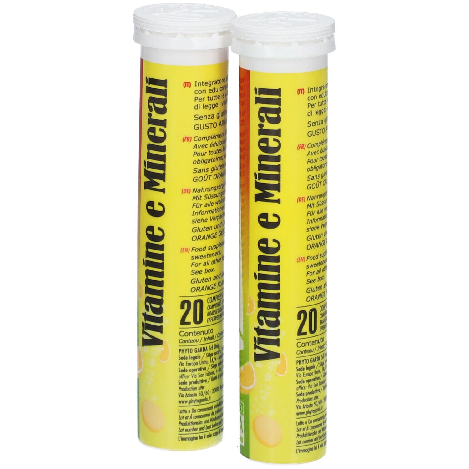 Zwei Tuben mit gelb-roter Beschriftung. Aufschrift: Vitamine e Minerali. 20 Brausetabletten. Orangen-Geschmack.