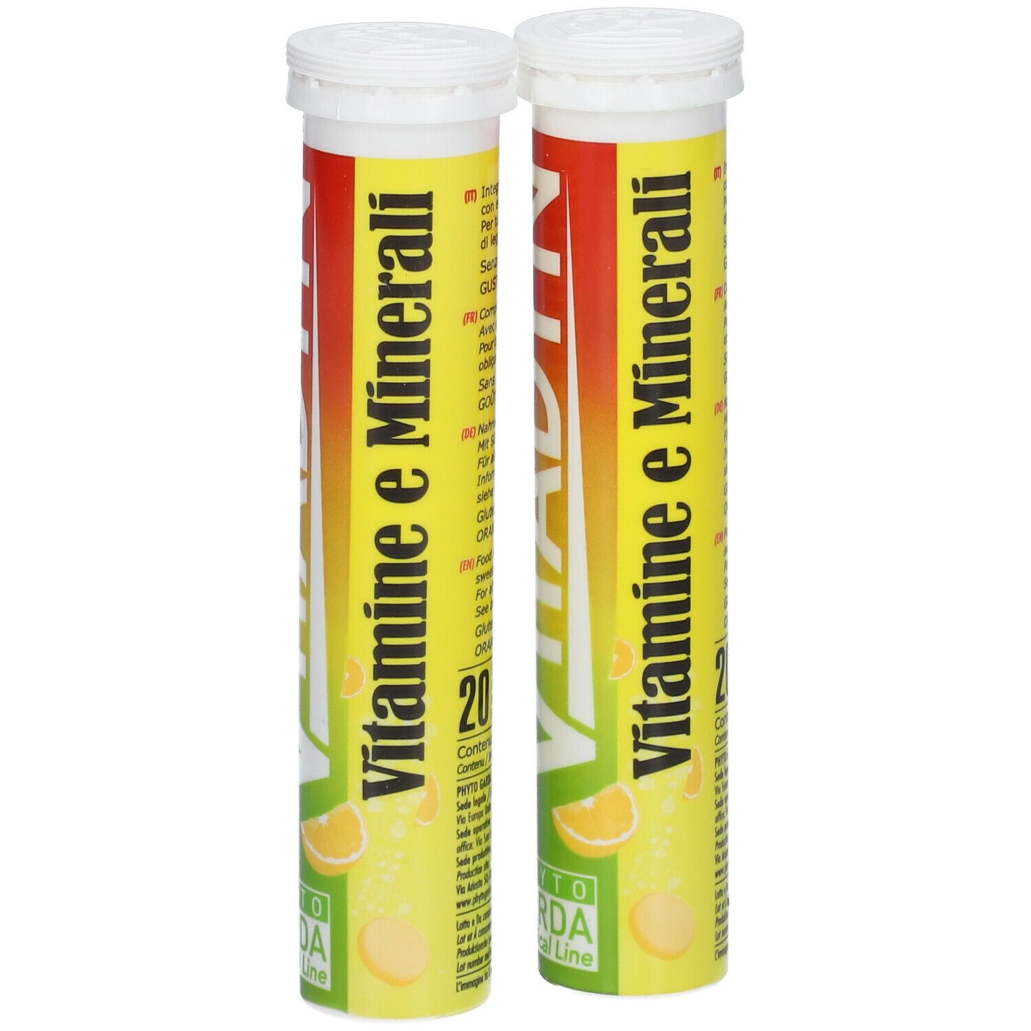 Zwei Tuben mit gelb-roter Beschriftung. Aufschrift: Vitamine e Minerali. 20 Brausetabletten. Orangen-Geschmack.