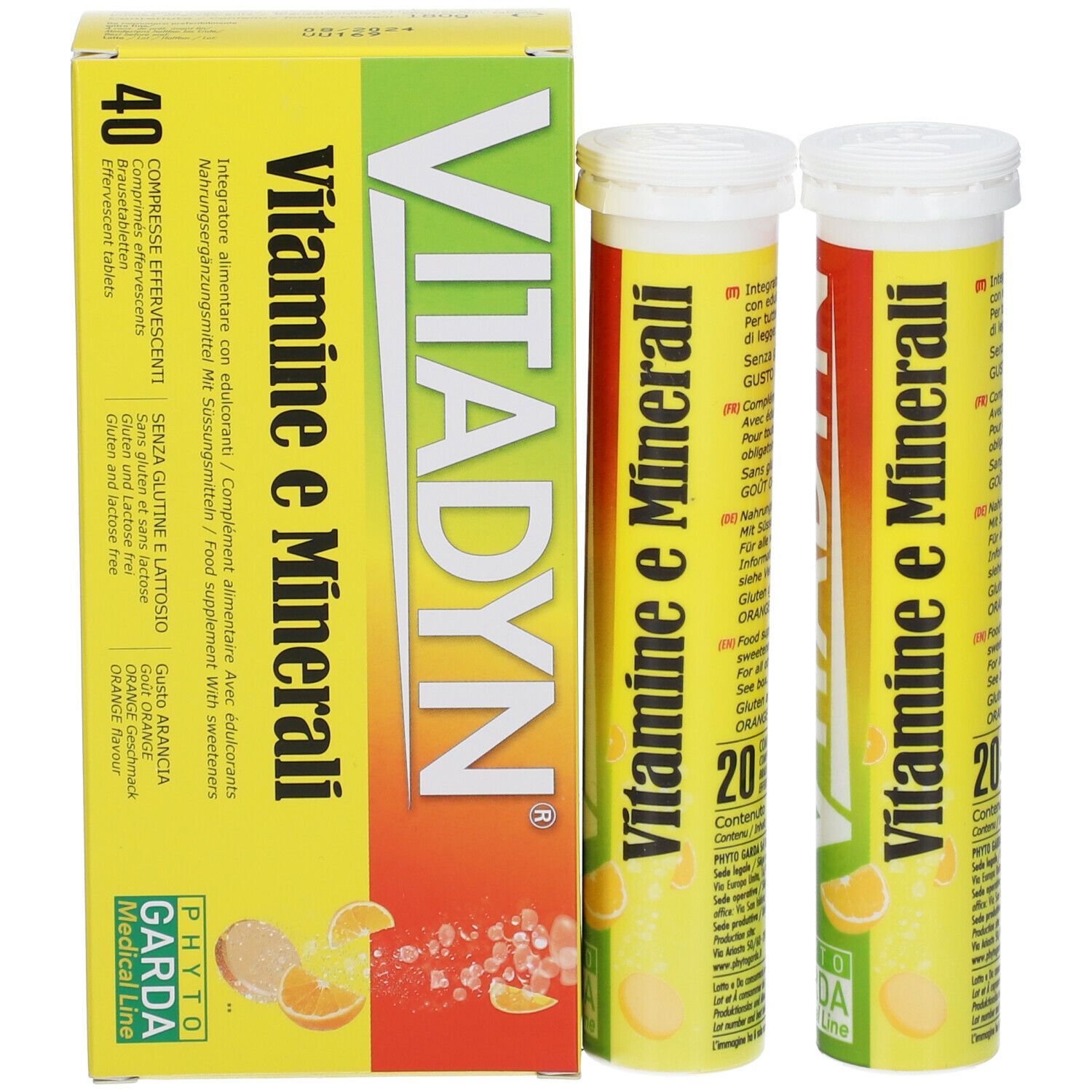 Produktverpackung und zwei Tuben. Aufschrift: VITADYN. Vitamine e Minerali. 40 Brausetabletten. Orangen-Geschmack.