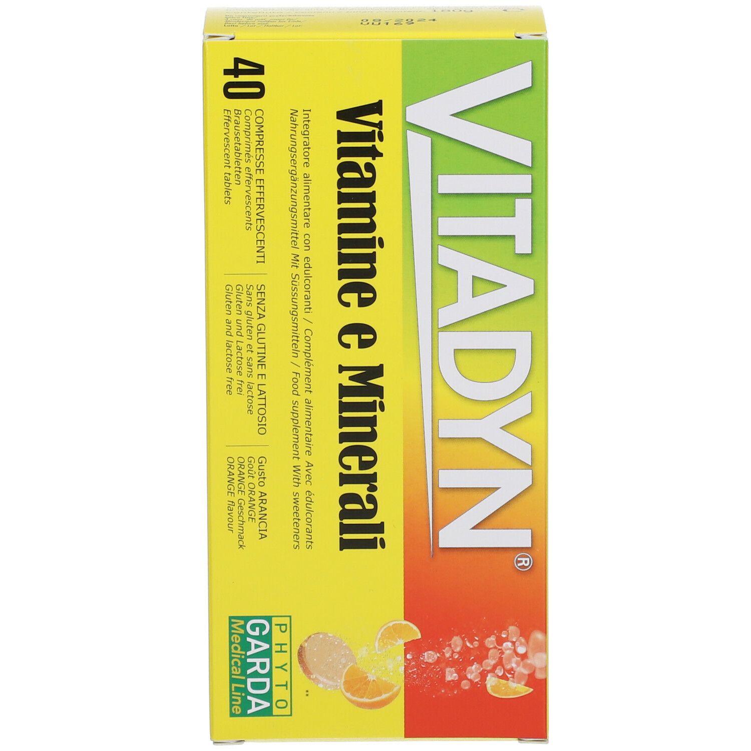 Produktverpackung. Aufschrift: VITADYN. Vitamine e Minerali. 40 Brausetabletten. Orangen-Geschmack.