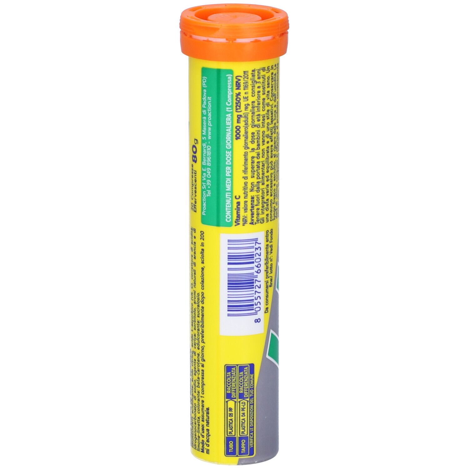 Rückseite der zylindrischen Verpackung mit Text. Gelb, grau und grün. Enthält Informationen über Inhaltsstoffe und Nährwerte.